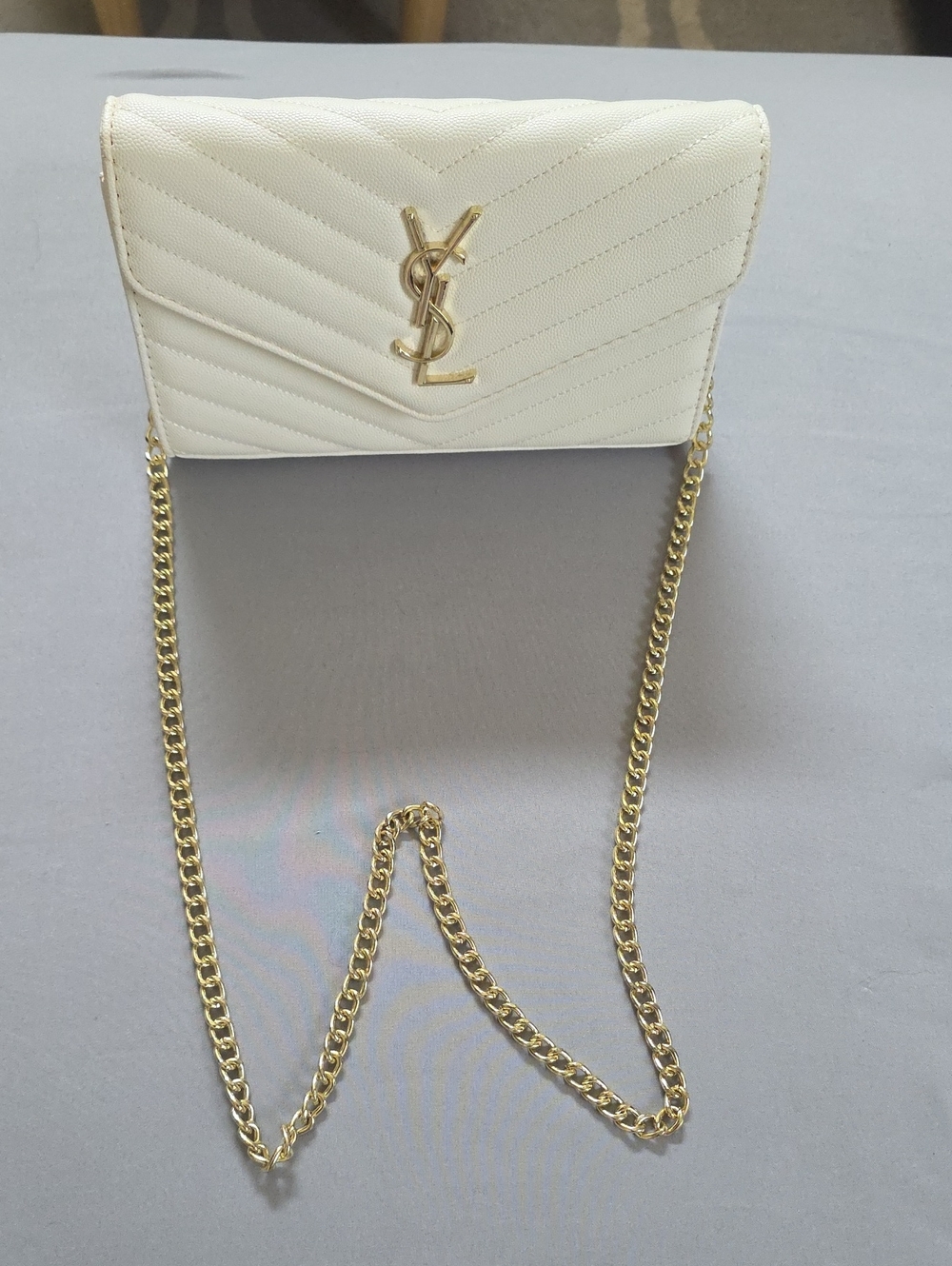 Saint Laurent White Quilted Crossbody with Gold Chain